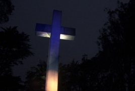 San Francisco Armenian Genocide cross glows blue to honor health workers
