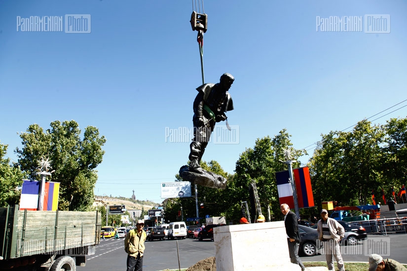 Setting-up of a statue by French sculptor Auguste Rodin of painter Jules Bastien-Lepage in French square of Yerevan