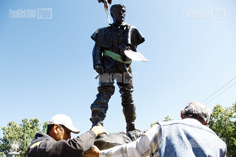 Setting-up of a statue by French sculptor Auguste Rodin of painter Jules Bastien-Lepage in French square of Yerevan