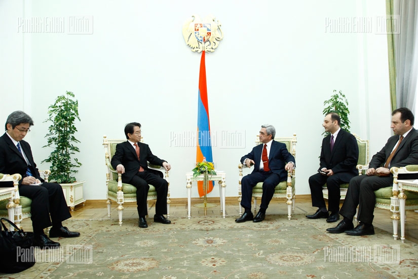 Newly appointed Japanese ambassador to Armenia Tikahito Harada hands his credentials to RA President Serzh Sargsyan