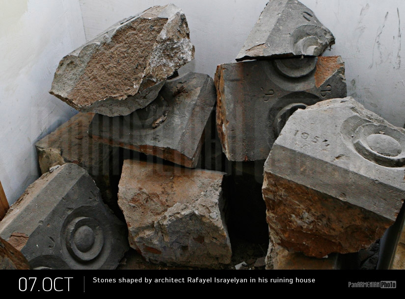 Stones shaped by architect Rafayel Israyelyan in his ruining house