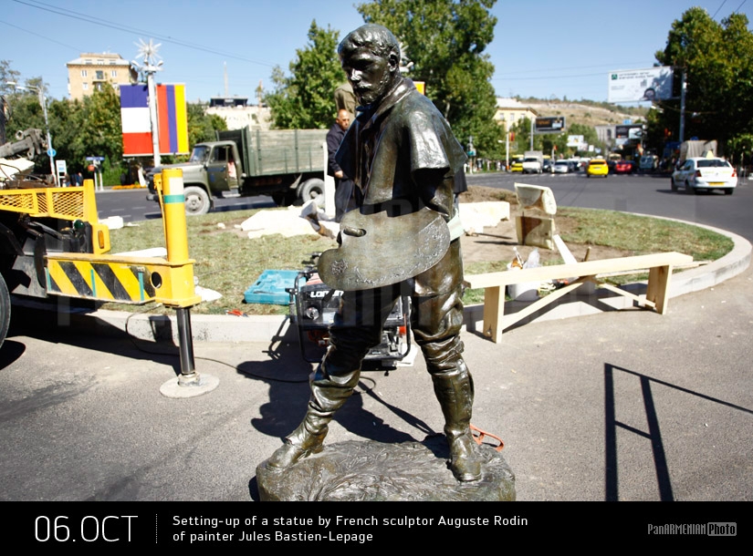 Setting-up of a statue by French sculptor Auguste Rodin of painter Jules Bastien-Lepage in Yerevan