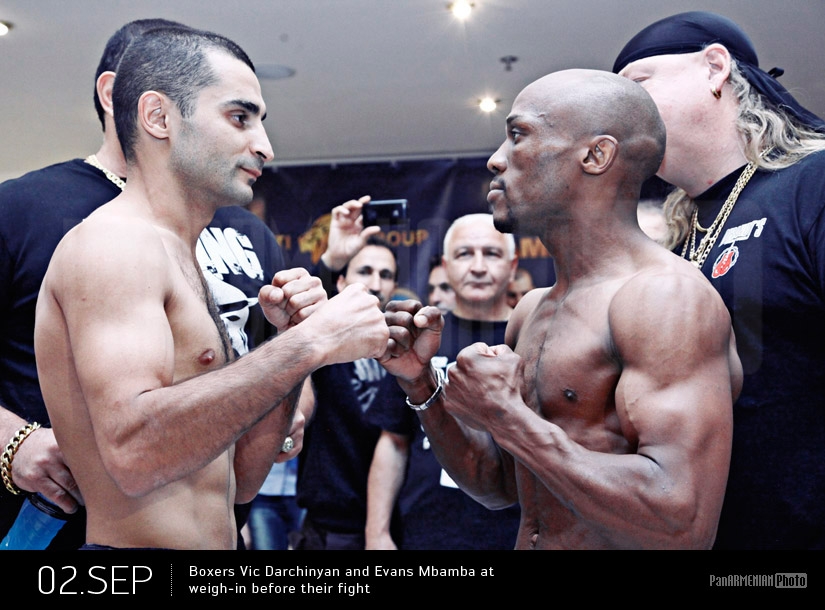 Boxers Vic Darchinyan and Evans Mbamba at weigh-in before their fight