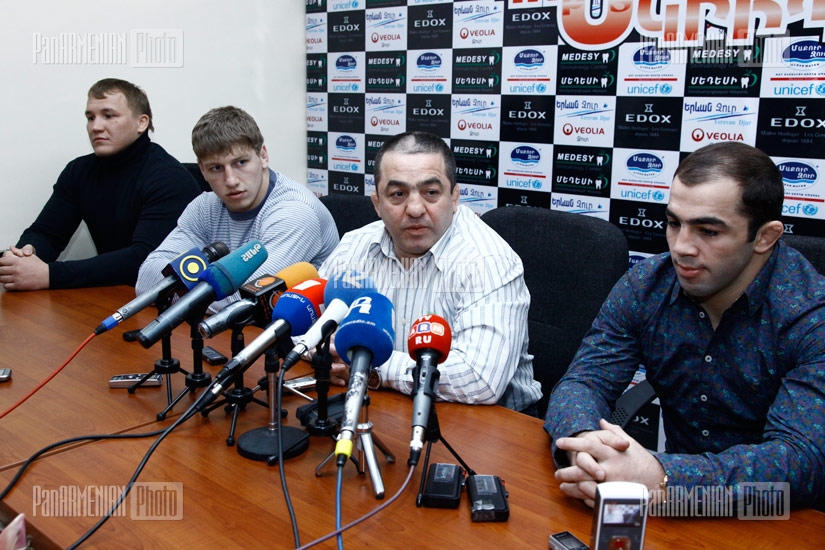 Press conference of Armenia's national greco-roman wrestling team coach Levon Julfalakyan, wrestlers Arsen Julfalakyan, Yuri Patrikeyev and Arthur Alexandryan
