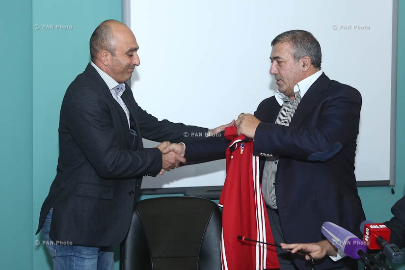 FFA president Ruben Hayrapetyan introduces newly appointed head coach of the National Football Team Artur Petrosyan