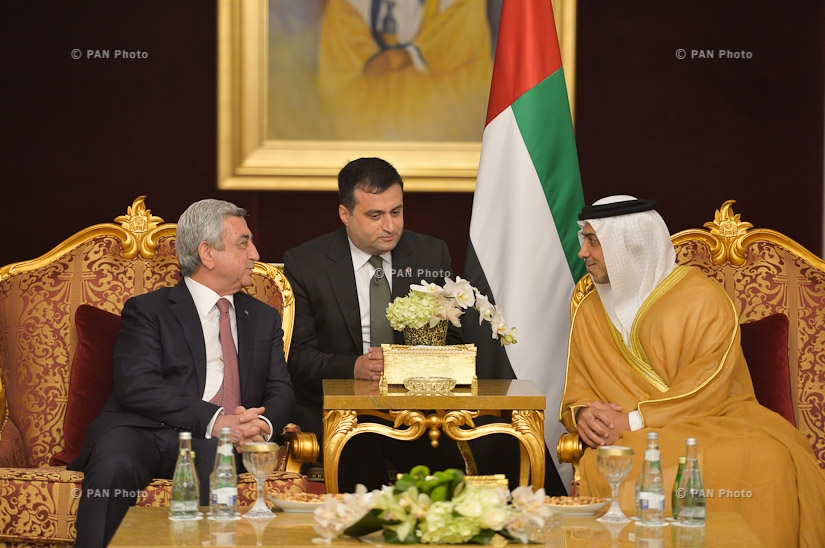 Armenian President Serzh Sargsyan meets with the crown prince of Abu Dhabi, Sheikh Mohammed bin Zayed bin Sultan Al-Nahyan in United Arab Emirates