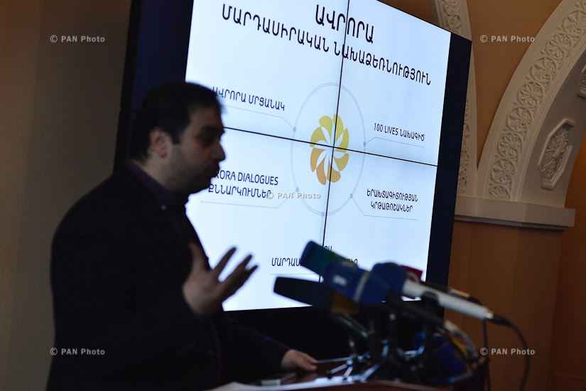 Press conferencee of 100LIVES and Aurora Prize project CEO Arman Jilavyan 