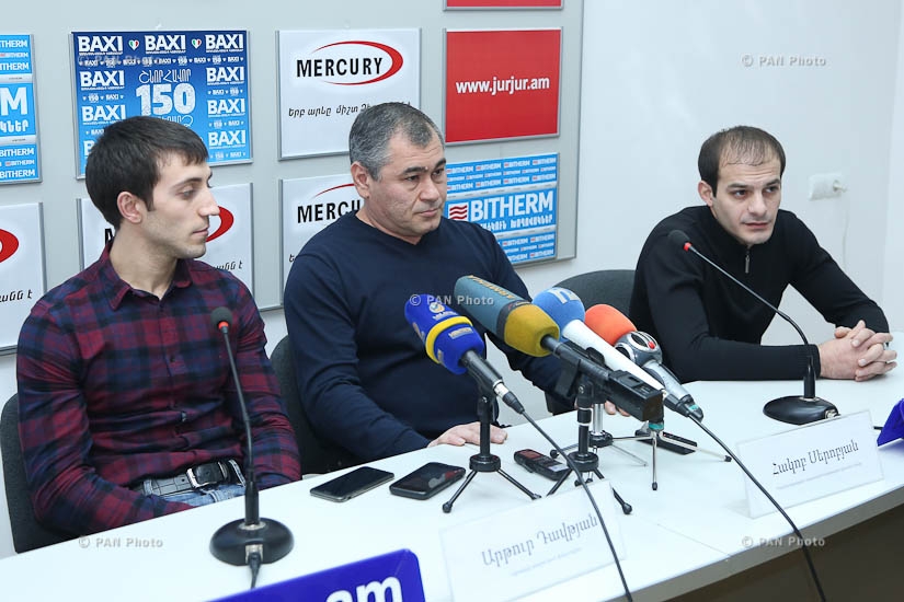 Press conference of Armenian gymnastics team head coach Hakob Serobyan and gymnasts Harutyun Merdinyan, Artur Davtyan