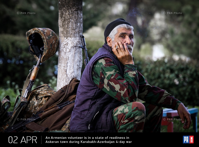An Armenian volunteer is in a state of readiness in Askeran town during Karabakh-Azerbaijan 4-day war 