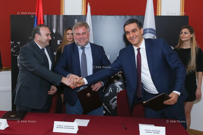 Armenian Ombudsman Arman Tatoyan, Minister of Education and Science Levon Mkrtchyan and Kaspersky Lab's CEO Evgeny Kaspersky signed a memorandum of cooperation