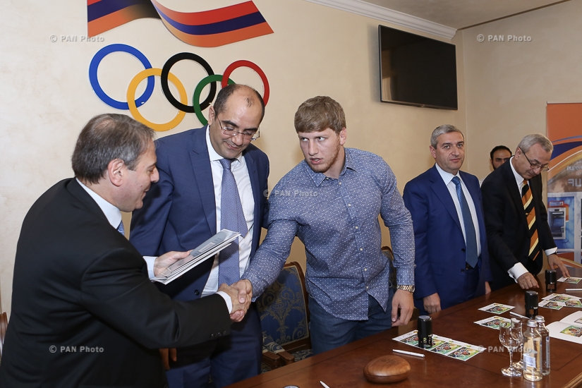 Cancellation ceremony of a stamped postcard on Sport. Olympic Champions: Artur Aleksanyan 