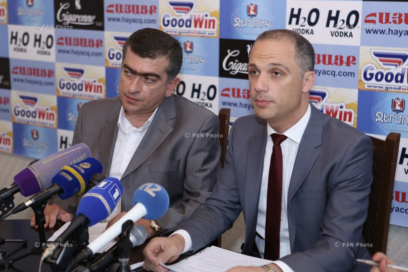 Press conference of members of Yerevan's municipal counci from  opposition party  'Yerkir Tsirani' Mnatsakan Parakshiev and Hayk Petrosyan