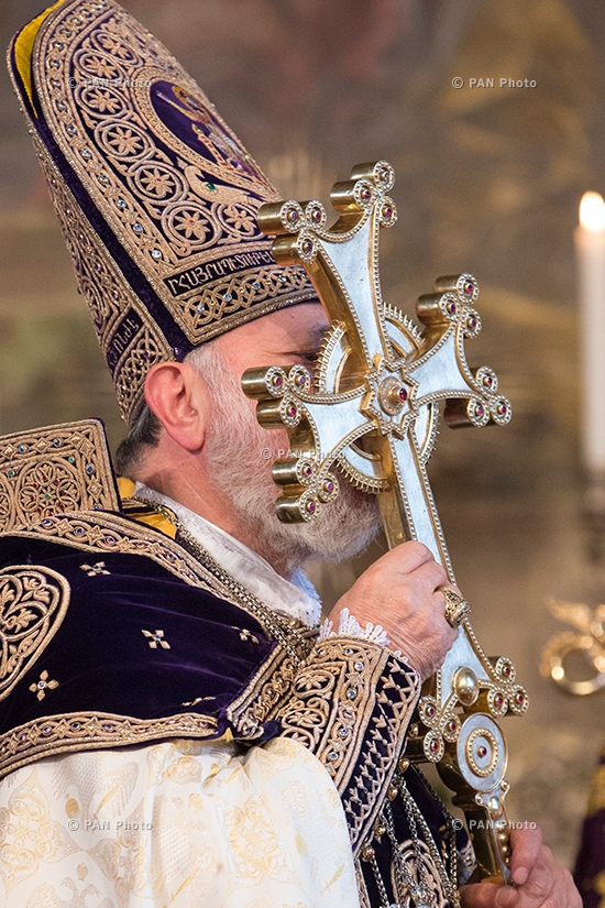 Catholicos Karekin II during the Christmas Liturgy serving ceremony at Mother See of Holy Etchmiadzin, Armenia