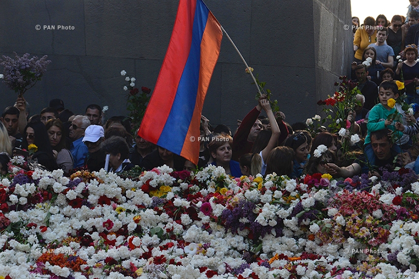 Opposition leader Nikol Pashinyan leads a silent crowd of people to the Armenian Genocide memorial