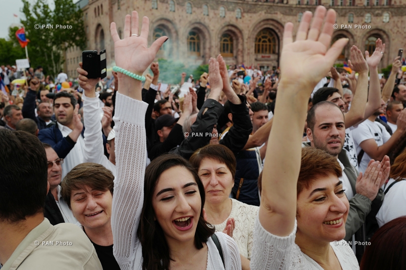 Supporters celebrate Nikol Pashinyan's election in the Prime Minister's post at Yerevan's Republic Square