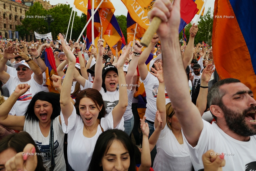 Supporters celebrate Nikol Pashinyan's election in the Prime Minister's post at Yerevan's Republic Square