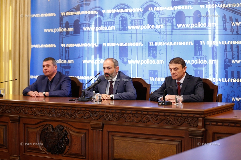 Armenian Prime Minister Nikol Pashinyan, alongside former Police Chief Vladimir Gasparyan, presents newly appointed Chief of Police Valery Osipyan to the senior staff and board members of the Police