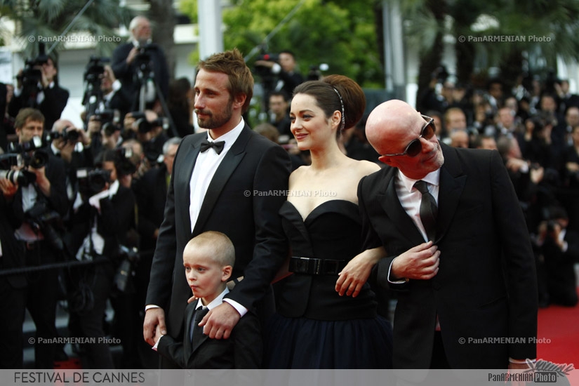 (From L) Belgian actor Matthias Schoenaerts, actor Armand Verdure, French actress Marion Cotillard and French director Jacques Audiard