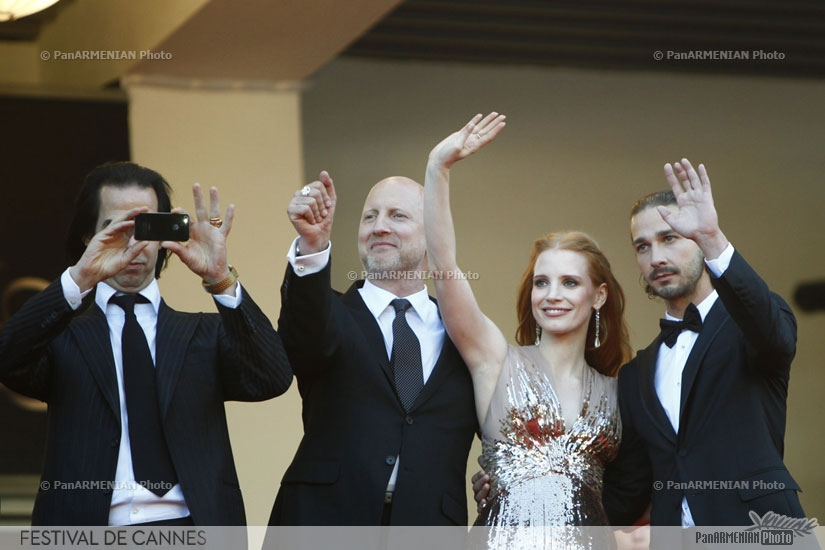 Australian musician and writer Nick Cave (L), Australian director John Hillcoat, US actress Jessica Chastain and US actor Dane Dehaan (L) 
