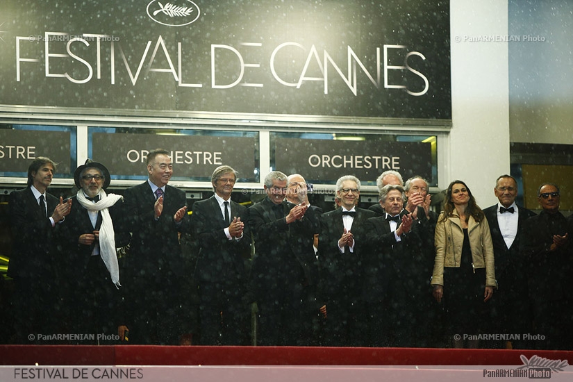 (from left) Claude Lelouch, David Cronenberg, Roman Polanski, Jean-Pierre et Luc Dardenne, French Culture Minister Aurelie Filippetti