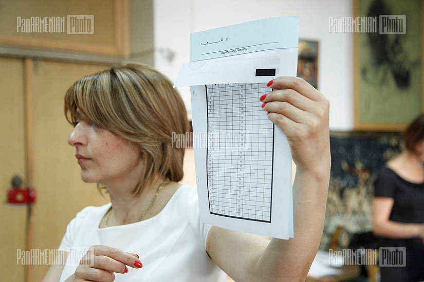 Armenian Education Minister Armen Ashotyan attends the exams for school management contenders