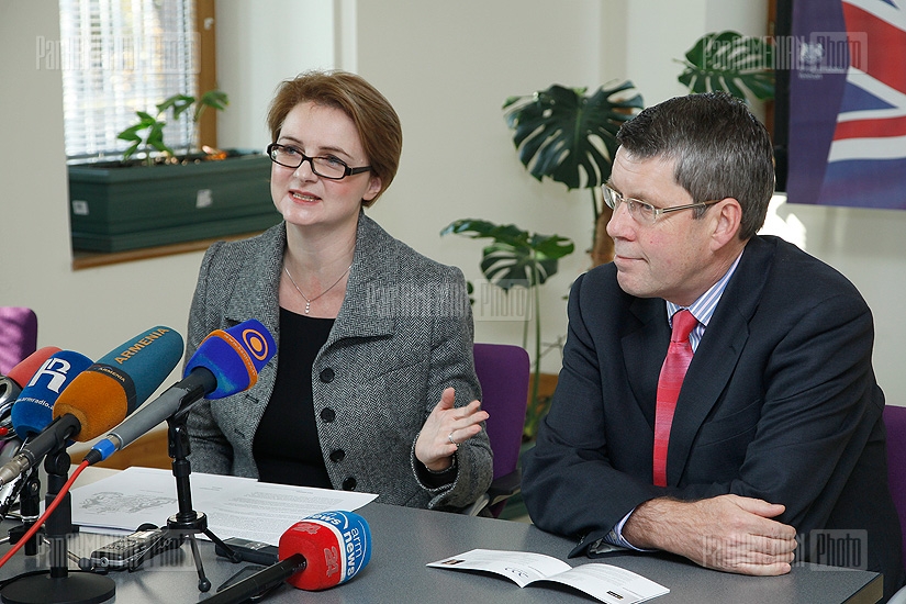 Director of the “British Expertise” Nigel Peters and British Ambassador to Armenia Catherine Leach hold a press conference at the British Embassy in Armenia