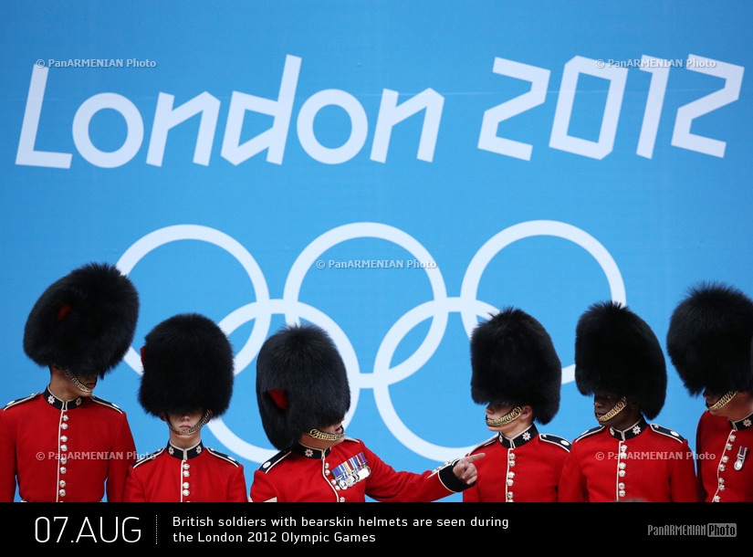 British soldiers with bearskin helmets are seen during the London 2012 Olympic Games