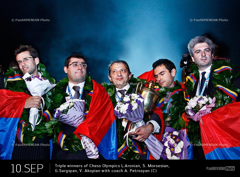 Triple winners of Chess Olympics L.Aronian, S. Movsesian, G.Sargsyan, V. Akopian with coach A. Petrosyan (C) 