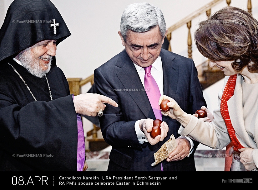 Catholicos Karekin II, RA President Serzh Sargsyan and RA PM’s spouse celebrate Easter in Echmiadzin  