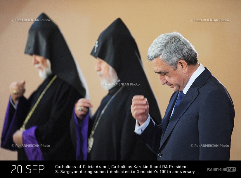 Catholicos of Cilicia Aram I, Catholicos Karekin II and RA President Serzh Sargsyan during summit dedicated to Genocide’s 100th anniversary 