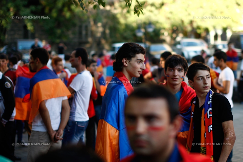 Football fans' march to Hrazdan Stadium before Armenia-Denmark match
