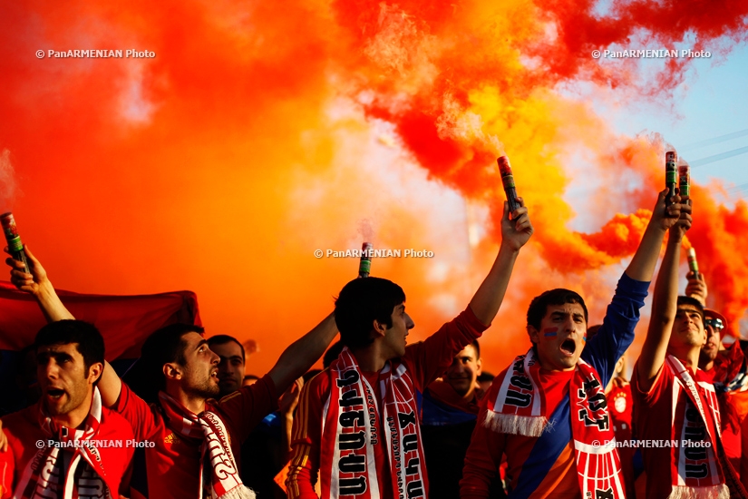 Football fans' march to Hrazdan Stadium before Armenia-Denmark match