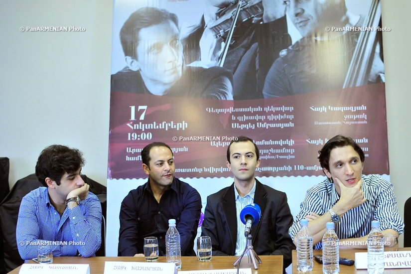 Press conference pianist Alexander Romanovsky, violinist Hayk Kazazyan, contrabass player Hayk Khachatryan and conductor Sergey Smbatyan