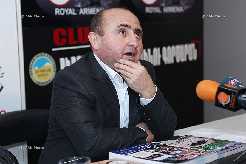 Journalist Tatul Hakobyan presents special edition of Beirut-based Aztag newspaper and Rober Hatechian's books