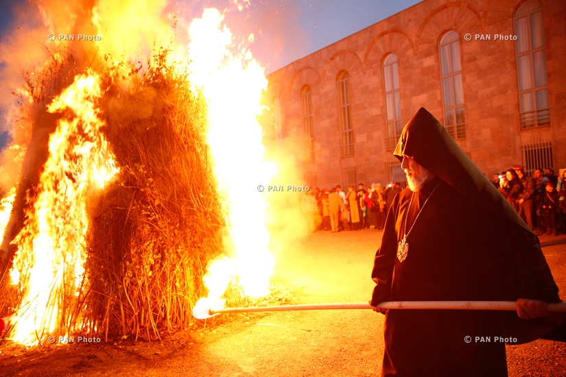 Armenian Catholicus His Holiness Karekin II burns the fire of Trndez in Etchmiadzin