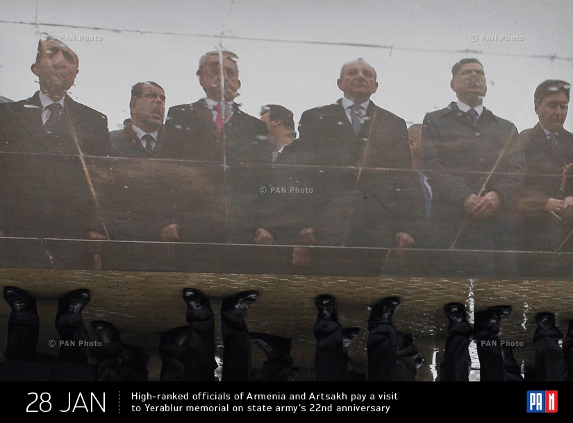 High-ranked officials of Armenia and Artsakh pay a visit to Yerablur memorial on state army's 22nd anniversary. Yerevan, Armenia