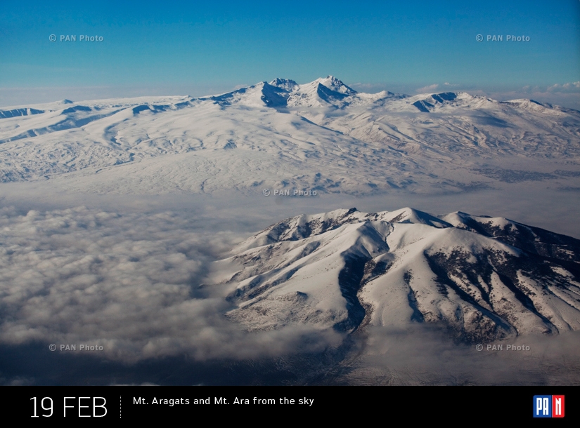 Mt. Aragats and Mt. Ara from the sky, Armenia