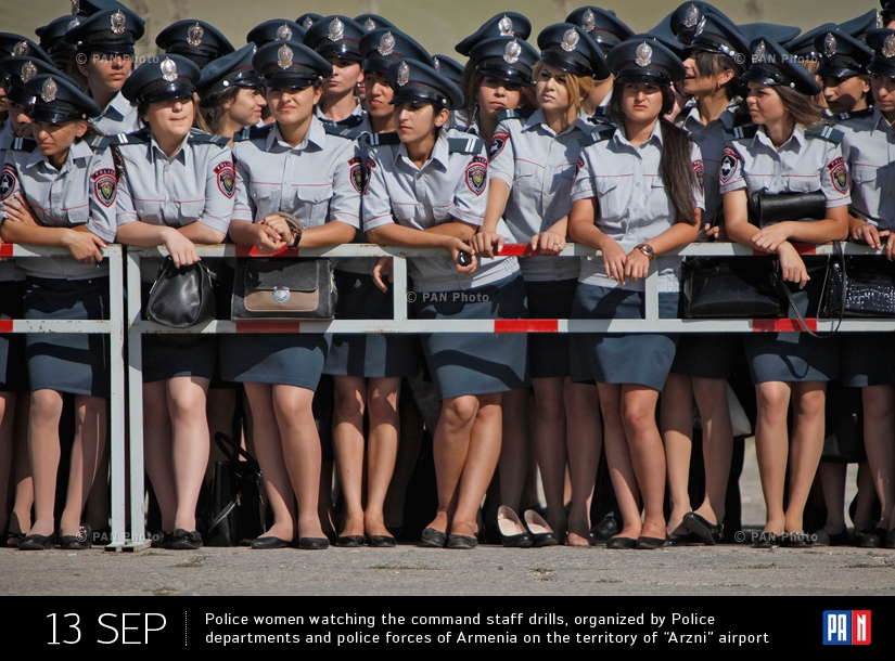 Police women watching the command staff drills, organized by Police departments and police forces of Armenia on the territory of “Arzni” airport, Armenia