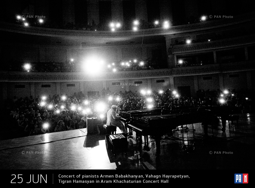  Concert of pianists Armen Babakhanyan, Vahagn Hayrapetyan, Tigran Hamasyan in Aram Khachaturian Concert Hall. Yerevan, Armenia