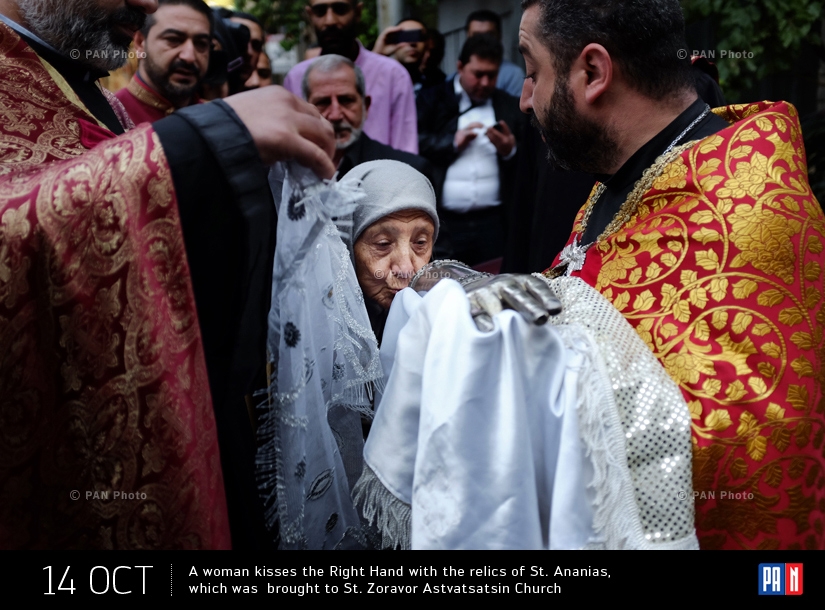 A woman kisses the Right Hand with the relics of St. Ananias,which was brought to St. Zoravor Astvatsatsin Church, where Divine Liturgy was celebrated in memory of the Holy Apostle Ananias. Yerevan, Armenia