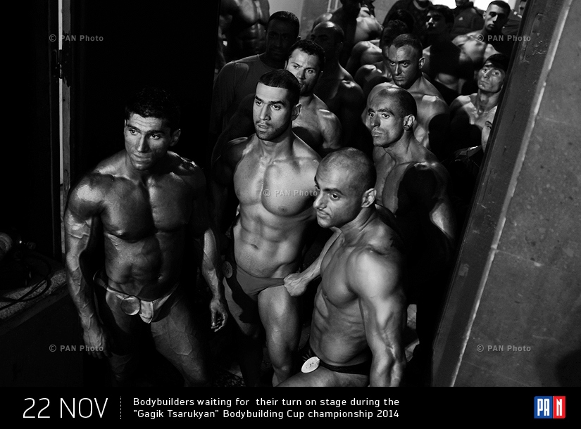 Bodybuilders waiting for  their turn on stage during the Gagik Tsarukyan Bodybuilding Cup championship 2014. Yerevan, Armenia