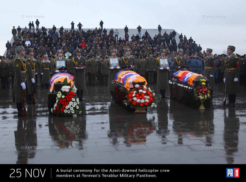  A burial ceremony for the Azeri-downed helicopter crew members at Yerablur Military Pantheon.Mi-24 helicopter belonging to the Artsakh Republic army was shot during a training flight as result of ceasefire violation by the Azerbaijani armed forces. Yerev