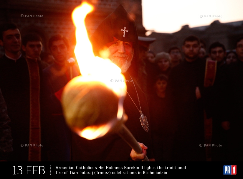 Armenian Catholicos His Holiness Karekin II lights the traditional fire of Tiarn’ndaraj (Trndez) celebrations. Etchmiadzin, Armenia