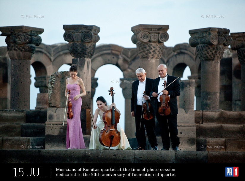 Musicians of Komitas quartet during the photosession dedicated to the 90th anniversary of foundation of quartet. Zvartnots, Armavir Province, Armenia