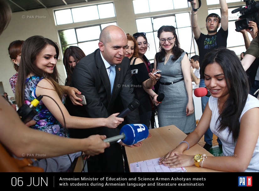 Armenian Minister of Education and Science Armen Ashotyan meets with students during Armenian language and literature examination. Yerevan, Armenia