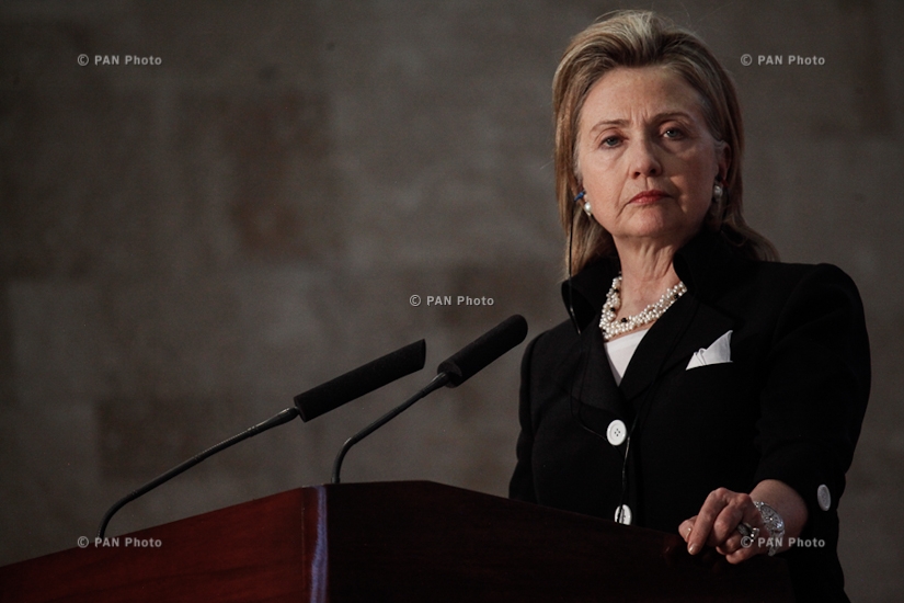 Former US Secretary of State Hillary Clinton at the RA Presidential Palace during the press conference with Armenian Foreign Minister Edward Nalbandian