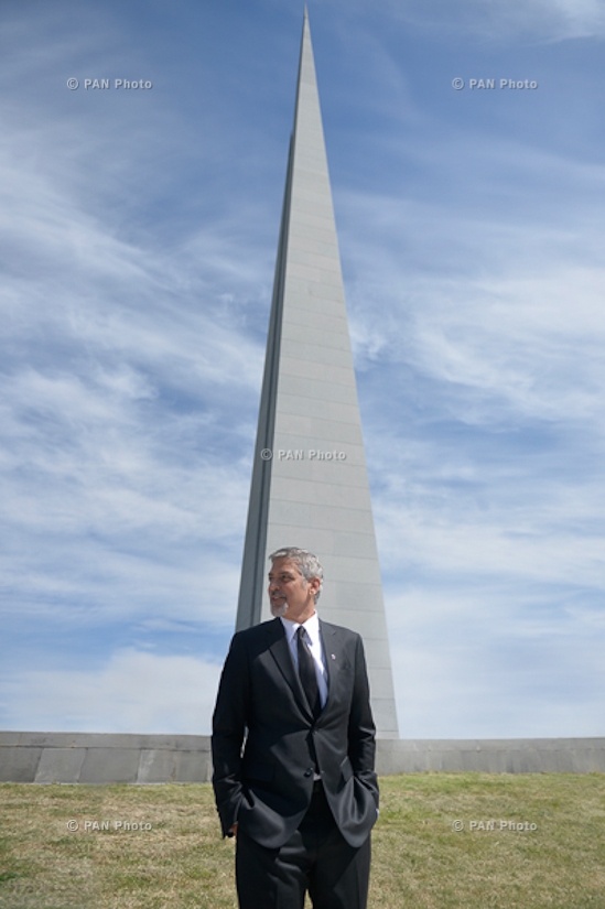 Actor George Clooney at the Armenian Genocide memorial complex Tsitsernakaberd