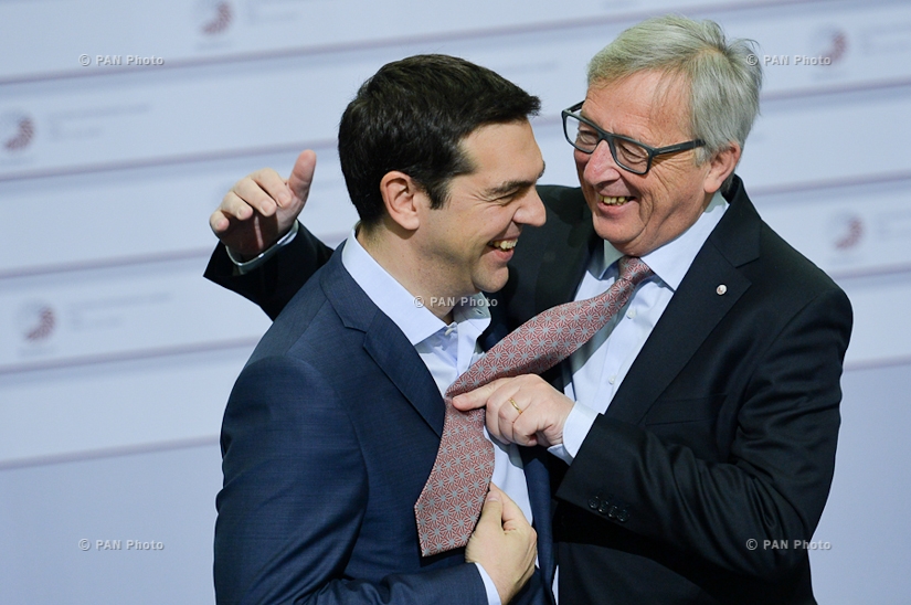  European Commission President Jean-Claude Juncker  and Greek Prime Minister Alexis Tsipras during the Eastern Partnership summit in Riga