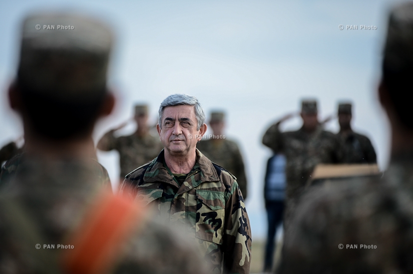 Armenian President Serzh Sragsyan at the military exercises in Artsakh Republic
