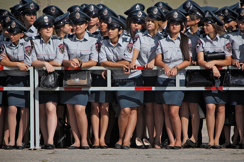 Police women watching the command staff drills, organized by Police departments and police forces of Armenia on the territory of “Arzni” airport, Armenia